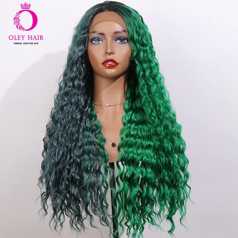 Kinky Curly Synthetic Lace Front Wig Highlight Green Heat Resistant Long Party/Daily/Cosplay/Lolita Wigs For Black Women