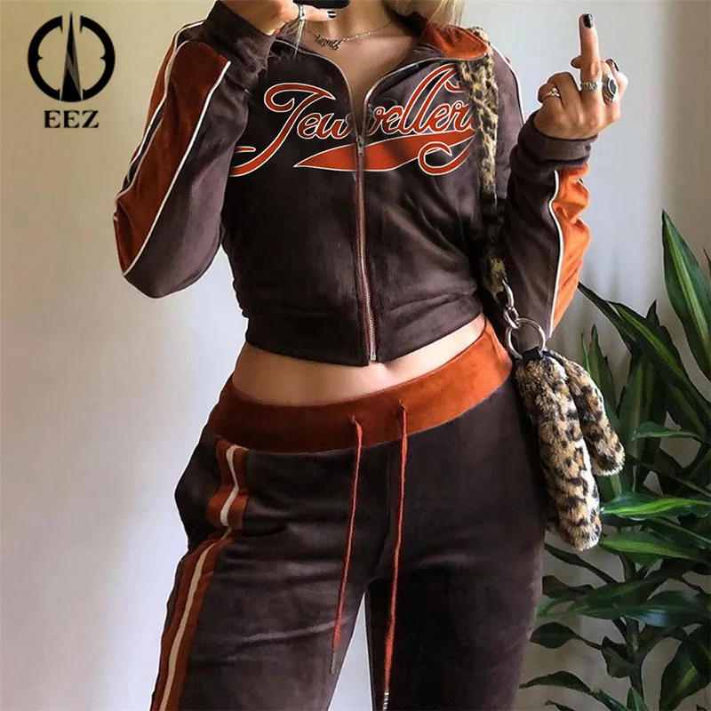 

Zipper Letter Print Velvet 2 Piece Outfit Sporty clothes Women Sweatshirt + Straight Jogging Pant Matching Set Fitness Tracksuit