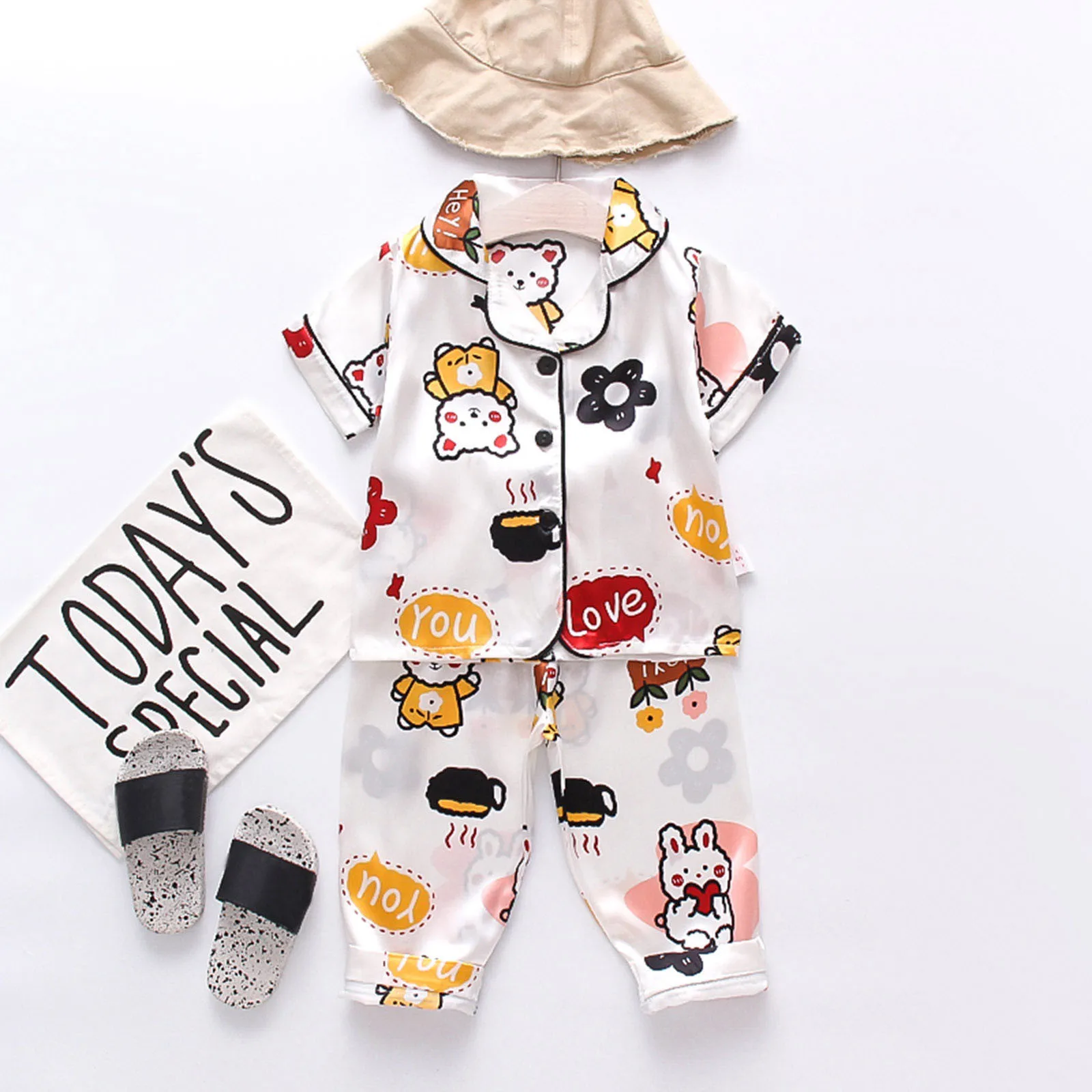 

TELOTUNY, детские, для маленьких мальчиков и девочек, с надписью, с коротким рукавом, искусственный шелк, домашние пижамы + длинные брюки, летняя ...