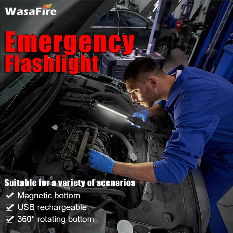 

USB Rechargeable Flashlight COB LED Torch Outdoor Emergency Work Light Car Repair Lamp with Bottom Magnet for Camping Fishing
