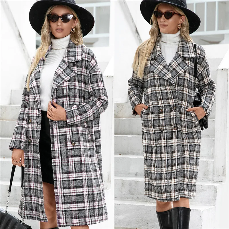

Plus Size Double Breasted Trench Coat 2021 Winter Clothes Women Casual Fashion Plaid Long Trench Coat
