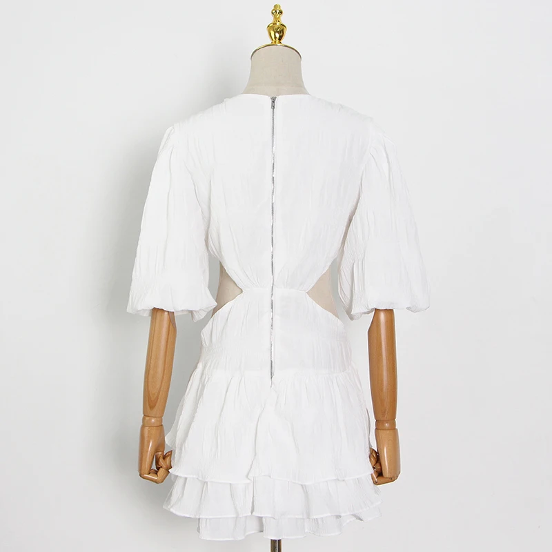 

Hollow Out Mini Dresses For Women V Neck Lantern Half Sleeve High Waist Female White Sexy Dress Summer New Clothing