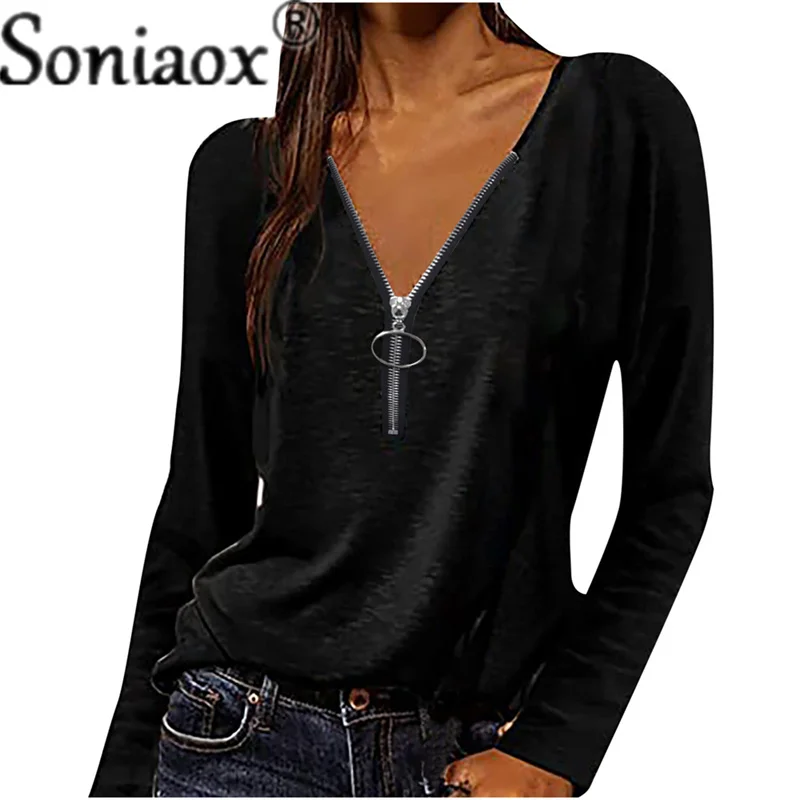 

Winter Long Sleeve Oversized T Shirt Zipper V-Neck Casual Tops Ladies Blusas Vintage Solid T-Shirts Women Clothing