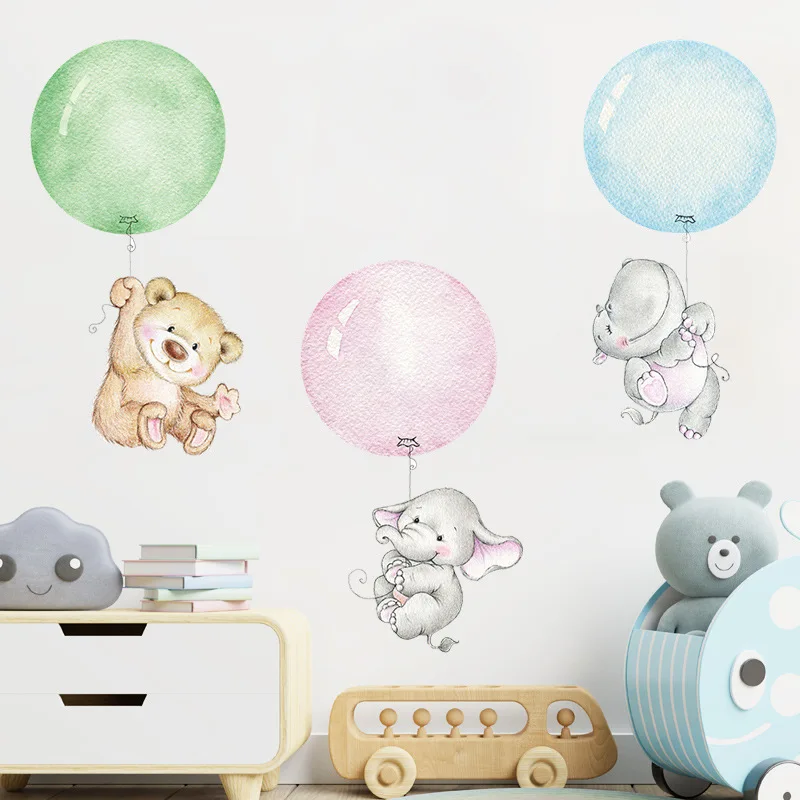 Cute Cartoon Wall Stickers for Children Kids Rooms Girls Baby Room Bedroom Decoration Bear Elephant Balloon Nursery Wallpaper
