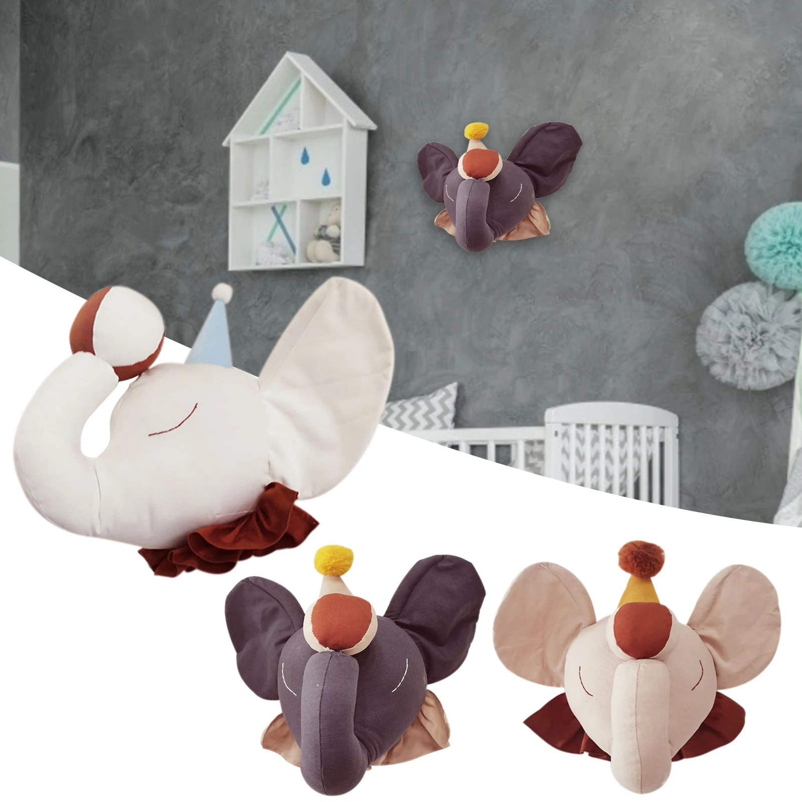 

55cm 3D Cartoon Cute Elephant Head Plush Toy Stuffed Animal Wall Mount Hanging Room Pillow Decoration Ornaments Gift For Kids