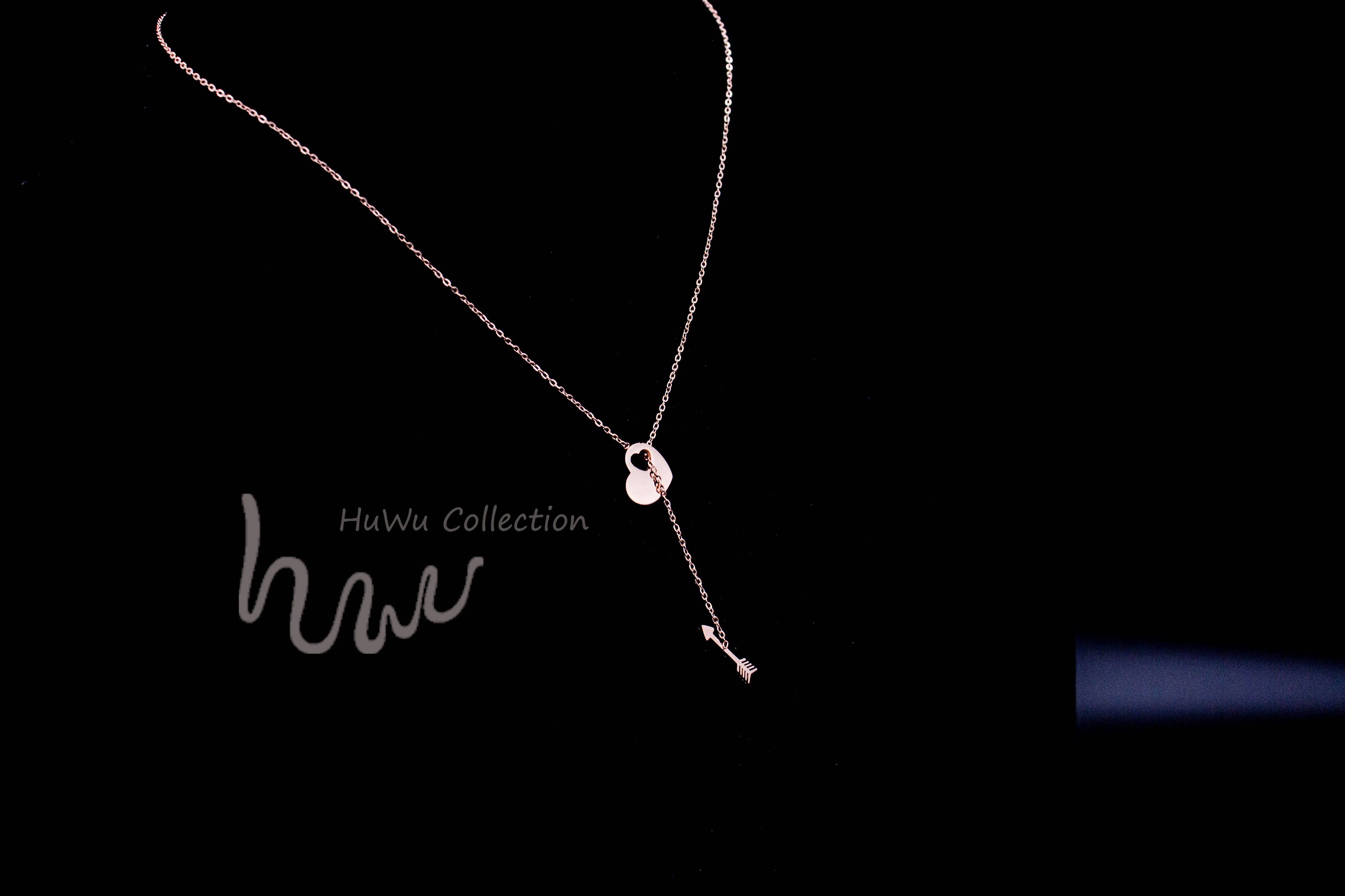 Arrow and Heart Double Pendants Women's Adorable Necklace Anti-Allergy Stainless Steel Covered by Rose Gold