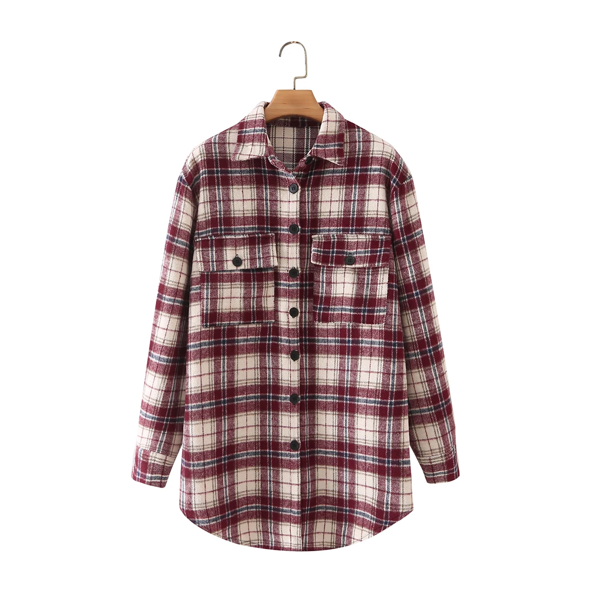 

KRSB Spring Autumn Women's Red Plaid Lapel Single-Breasted Loose Cotton Shirt Pocket Design Long Shirt Jacket Casual Street Za