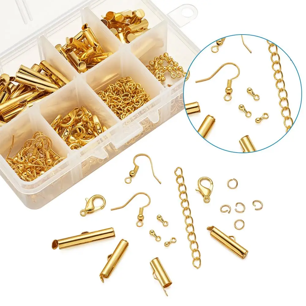 

1Box Crimp Slide On End Clasp Tubes with Twist Extender Chain Jump Ring Lobster Claw Clasps Hook Diy Necklace Bracelet Connector