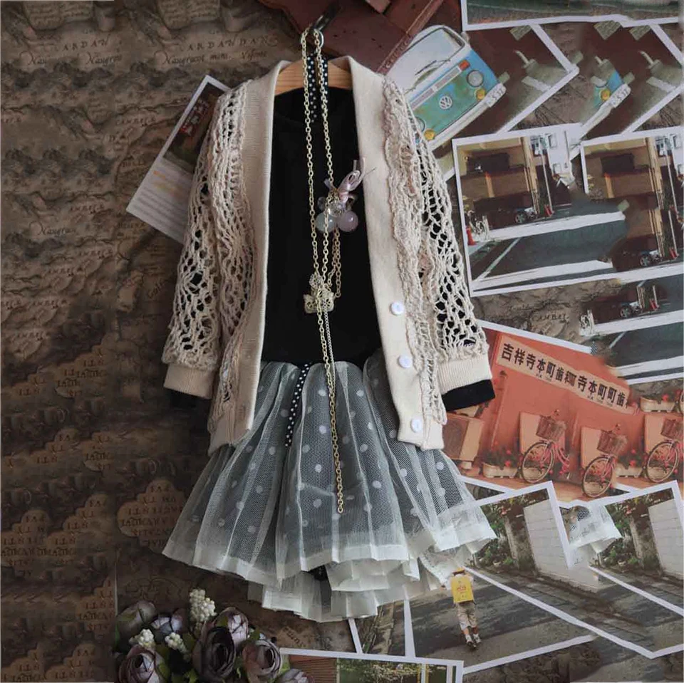 Комплект одежды для куклы Bybrana BJD SD Бежевый длинный кардиган + черная футболка