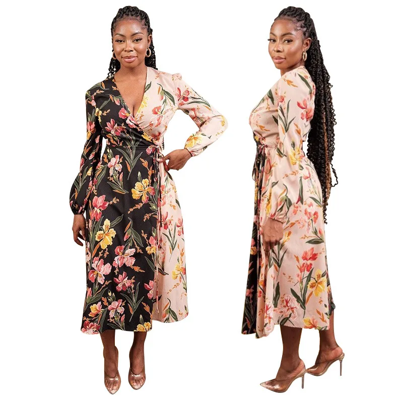 

2021 Cross-border Explosive Women's Dress Gentle Hepburn Style Elegant Long Sleeve Printed Long Dress