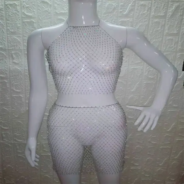 as PARAKINI Sparkly Crystal Diamonds Bikini Beach Women Dress Beach Cover Up Dresses Fishnet Cropped Top Two Pieces Set Beach Dress - Color: as