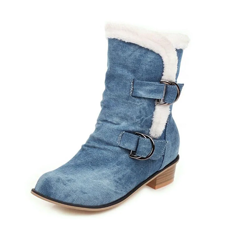 Женские джинсовые ботинки на низком каблуке теплые плюшевые ботильоны из