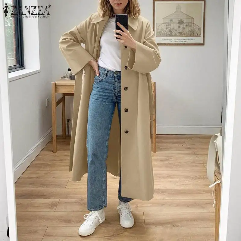 

Women's Solid Trench 2021 Autumn Maxi Jackets Female Single-Breasted Cardigans Oversized Outwear ZANZEA Casual Long Sleeve Coats