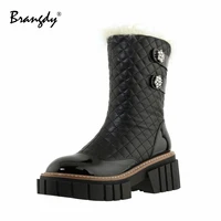 brangdy winter women ankle boot genuine leather platform sewing women shoes round toe women winter boots with fur zipper pearl