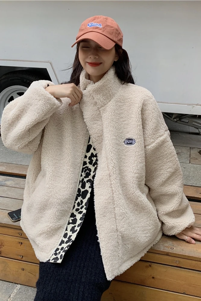 

Thickened Leopard Print Faux Lamb Fur Coat Women's Autumn and Winter All-Matching Internet Hot Long Sleeve Short-Height Fashion