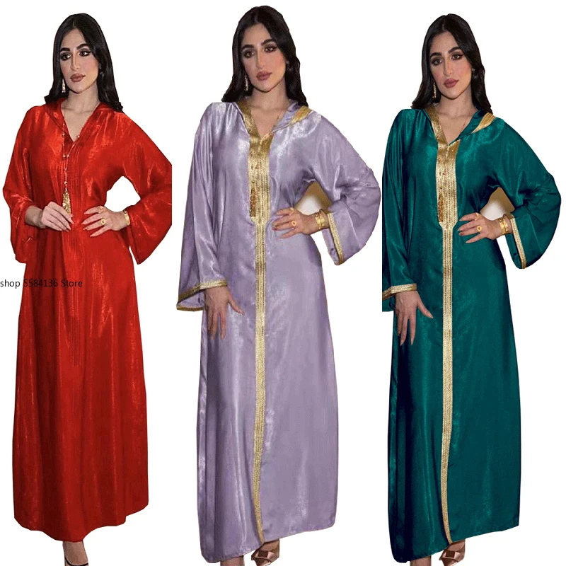 Dubai Abaya Jalabiya Hooded Maxi Dress Long Sleeve Islam Muslim Women Moroccan Kaftan ArabTurkey Robe Champagne White Green |
