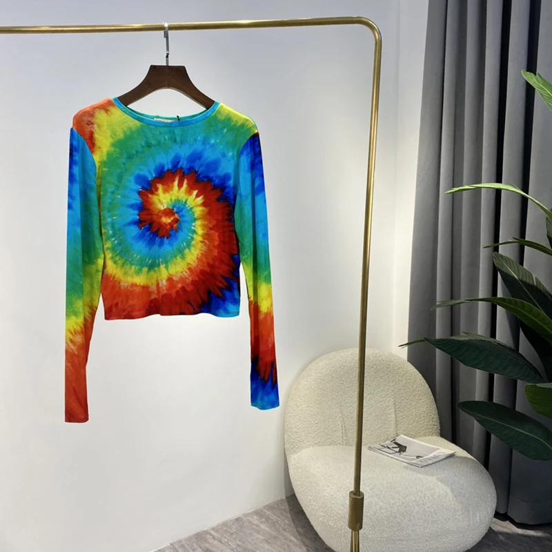 

Original Bright Color Tye-dye Tops 2021 Autumn Beach Designer Fashion Style Rainbow Long Sleeve Stretch Women Pullovers