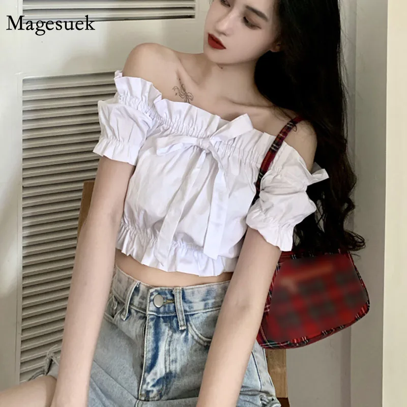

Korea Style Short Sleeve Shirt for Women 2021 Summer Sexy Short Tops Solid Cotton Off Shoulder Slim Sweet Lady Shirt Blusa 14361