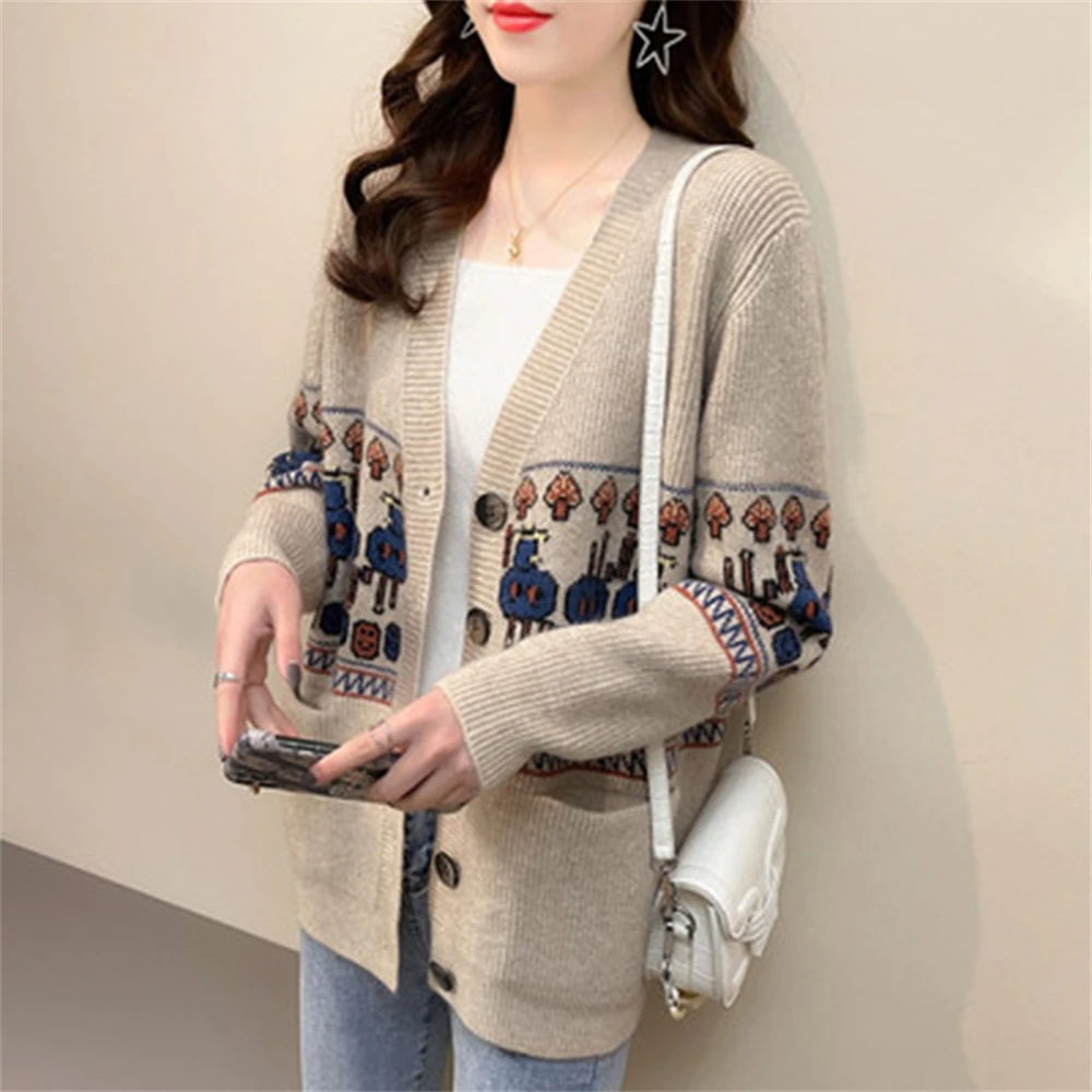 

Женская осенне-зимняя новая свободная верхняя одежда с V-образным вырезом жаккардовый вязаный кардиган женский свитер куртка Топ