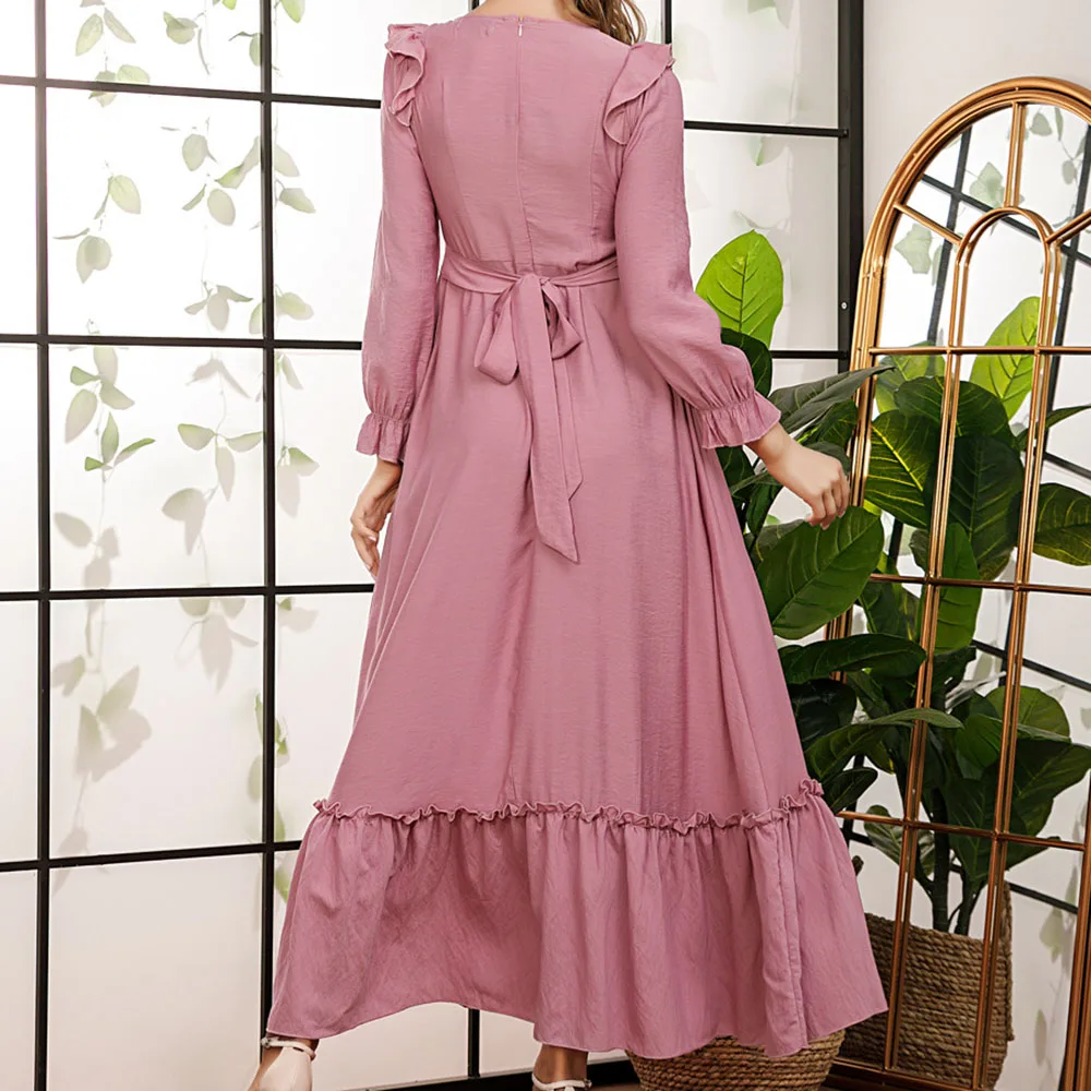 

Western Style Temperament Casual Fashion Women's Dress Spring Summer 2021 High Waist Solid Color Round Neck Long Sleeve