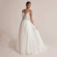 romantic spaghetti strap strapless wedding dresses applique sleeveless floor length tulle a line sequined backless sweep train