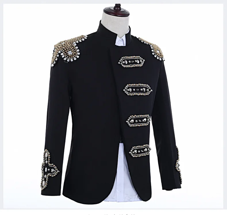 

Bead Decoration Male Singer Suit Men's Casual Jacket Punk Coat Black Costume Blazer for Show Stage Club