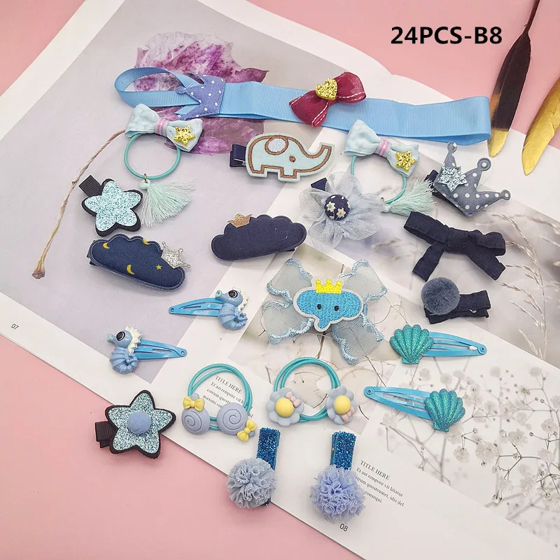 B8 24 шт./компл., Детские аксессуары для волос, корона, заколки для девочек в виде животных, заколка для волос в виде цветка с помпоном в виде звезды - Цвет: B8
