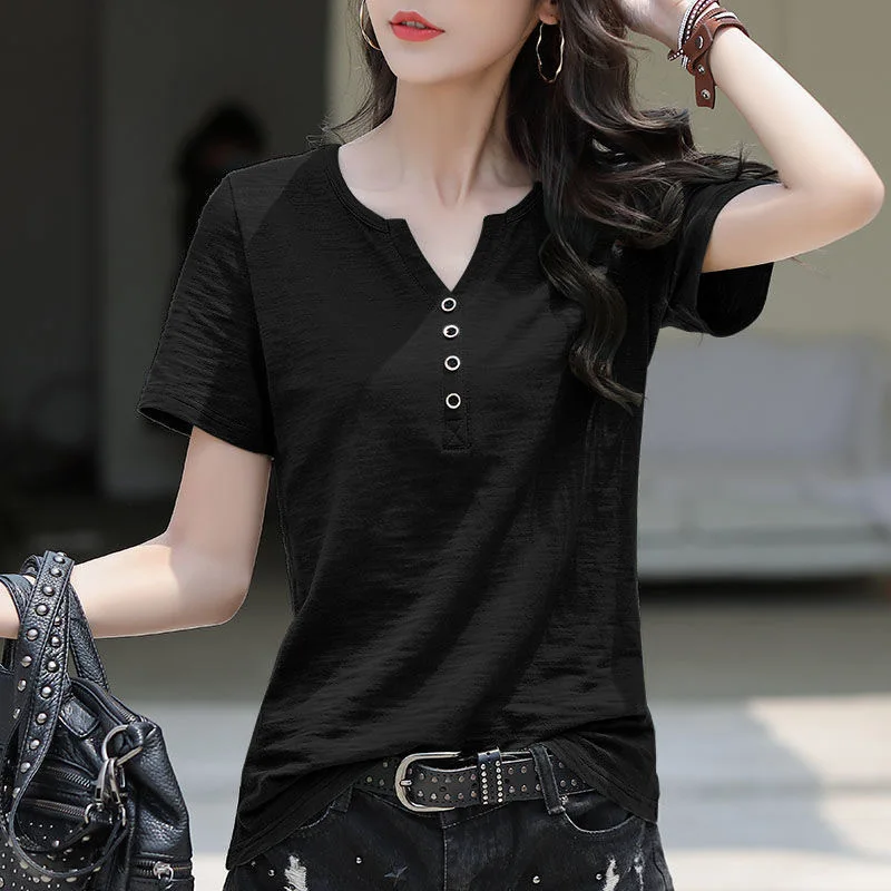 

Pure cotton short-sleeved T-shirt women 2021 new loose large size women's women's V-neck top black