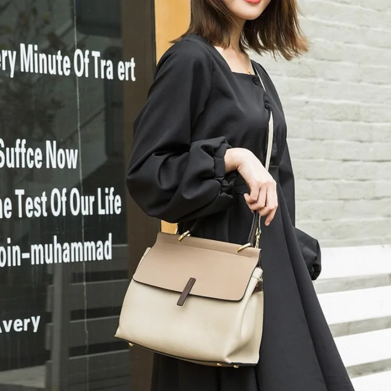 

Office Lady Cow Genuine Leather Handbag Colors Patchwork Business Work Womens Shoulder Bags Big Capacity Classic Totes Khaki Bag