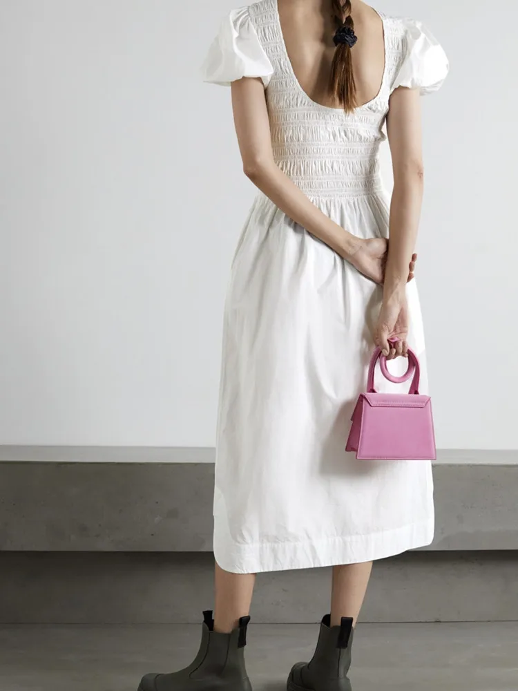 

Early Autumn Women's Backless Midi Dress O-Neck Puff Sleeve Shirring High Waist Ladies Solid Color Robe