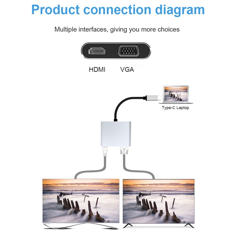 Адаптер для видеоконвертера DeepFox 2 в 1 Usb Type C на 4k Hdmi Vga T Usb-C внешний адаптер