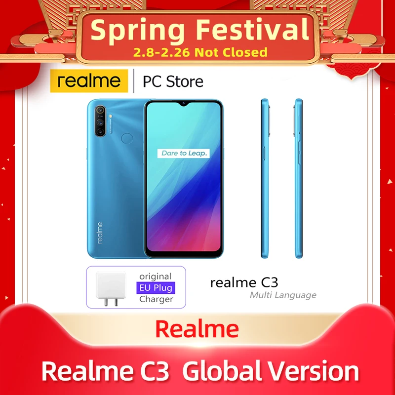Перейти на Алиэкспресс и купить Realme C3 мобильный телефон Глобальная версия 5000 мА/ч, 3 Гб оперативной памяти, 32/64G Helio G70 процессор 12MP AI двойной Камера полноэкранный NFC телефонов...