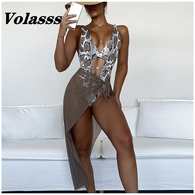 

Купальник с глубоким V-образным вырезом и змеиным принтом, купальник из двух частей с сетчатой юбкой, женский сексуальный бандажный купальн...