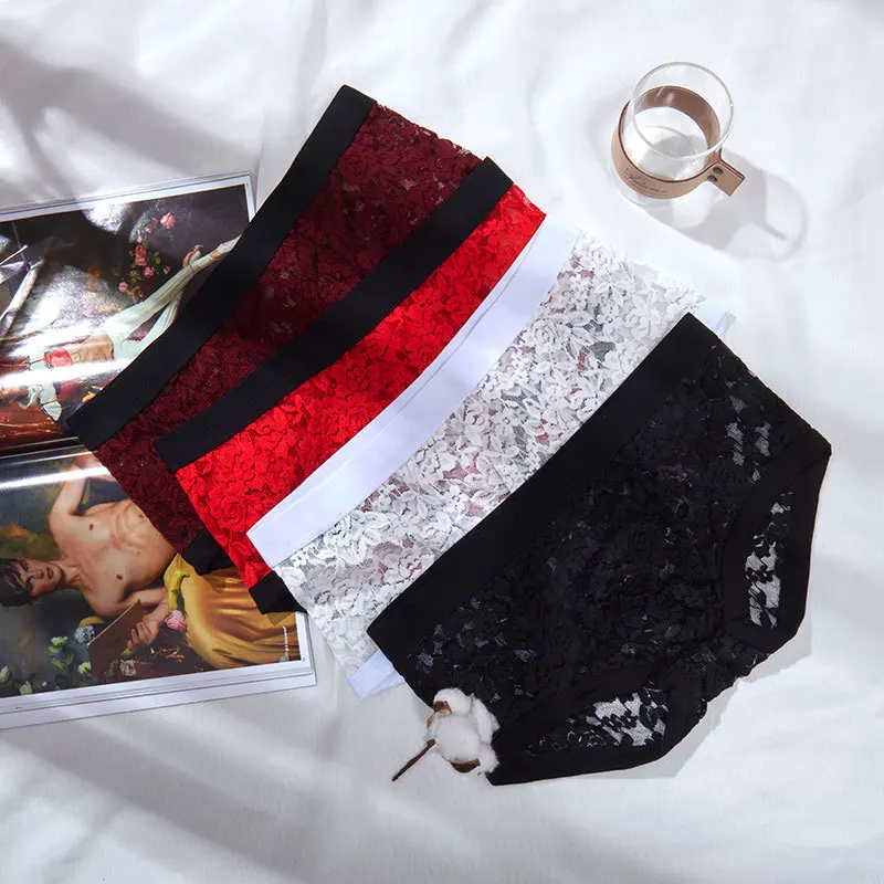 

2pc/lot Wholesale Youth Men's Lace Boxer Shorts Underwear Sexy Low Rise Pants Transparent Boxer Panties EU Size Belts Loose