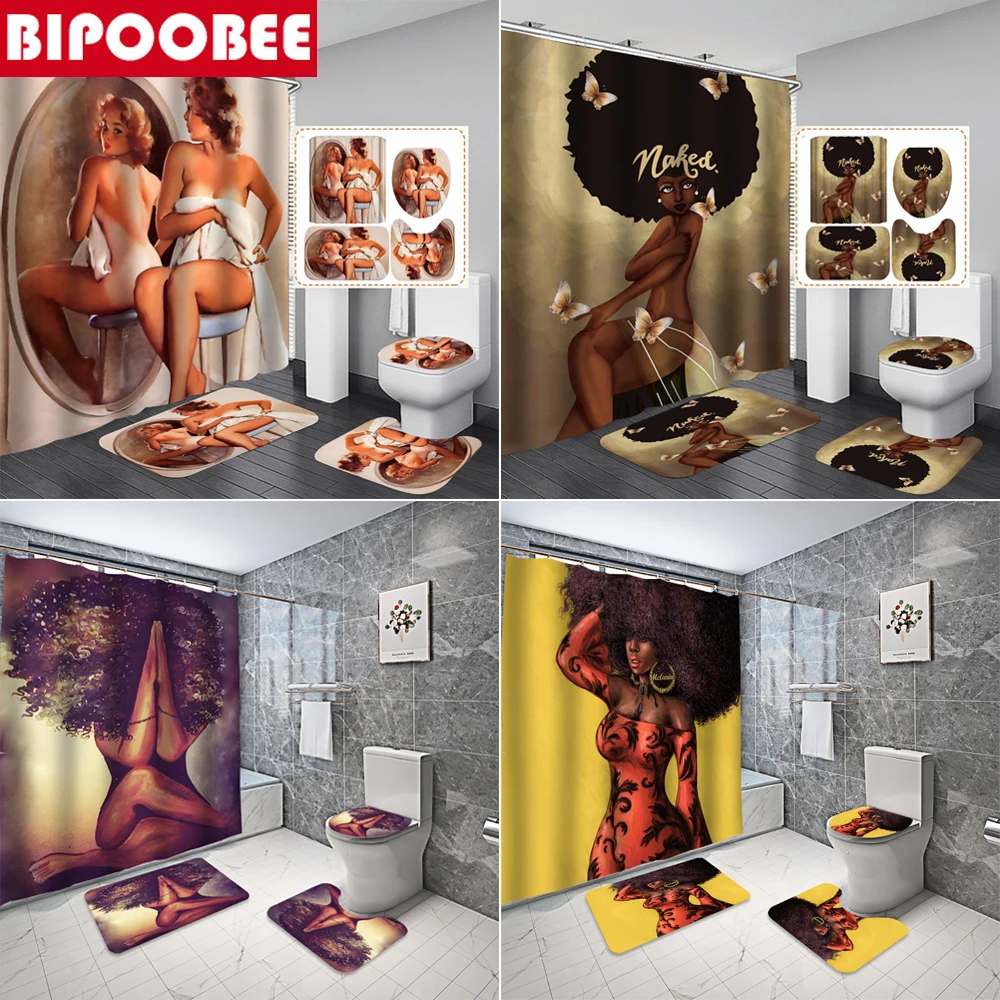 Ванный комплект леди сексуальная Ванная комната душа Шторы и ковер в африканском