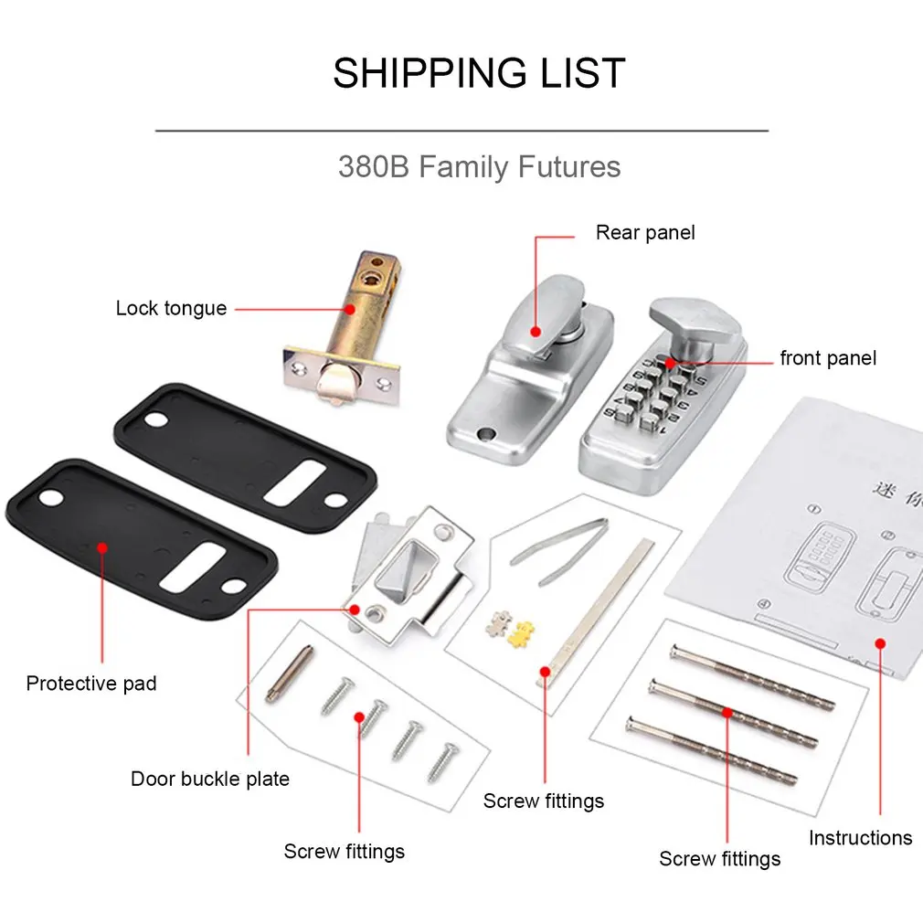 380B Digital Password Door Lock Mechanical Code Keyless Entry Waterproof Non-Power Anti-rust for 30-65mm |