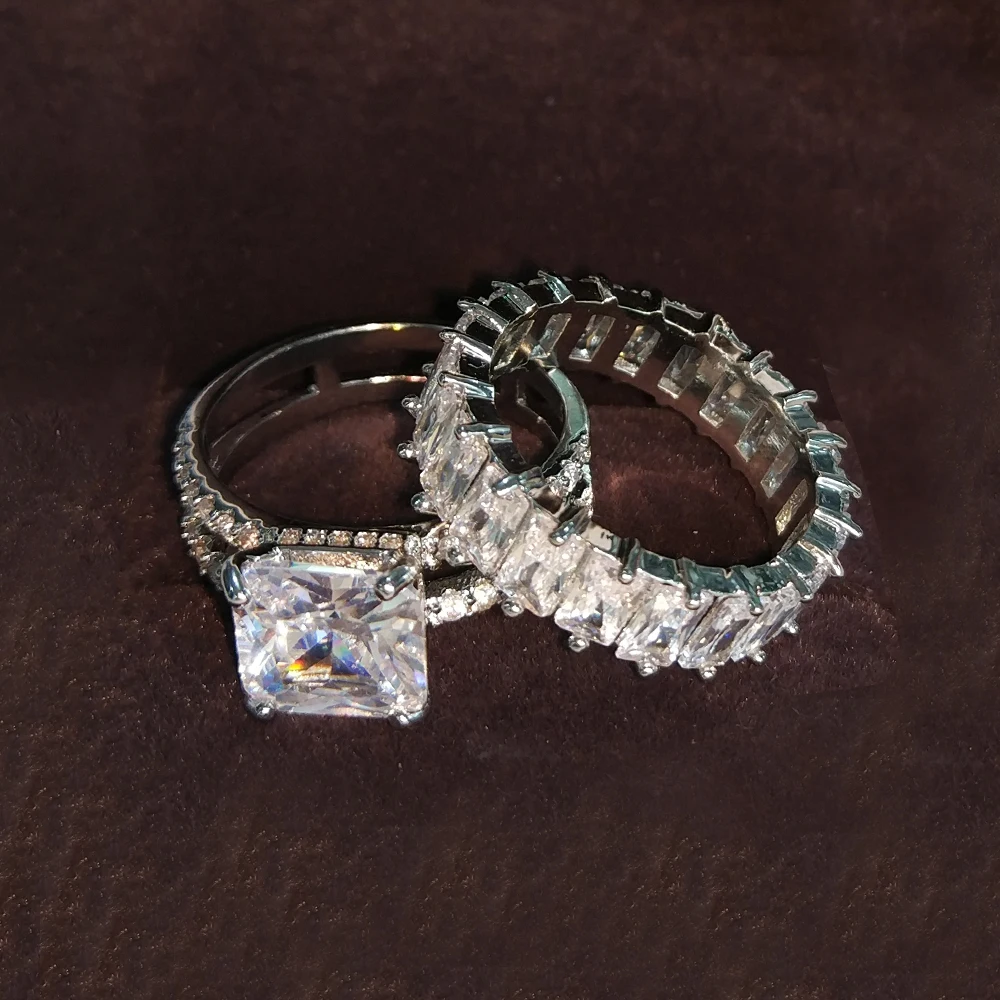 

2021 New Silver Color Luxury Bold Big Zircon Wedding Rings Set for Bridal Women Engagement Finger Ring Party Gift Jewelry