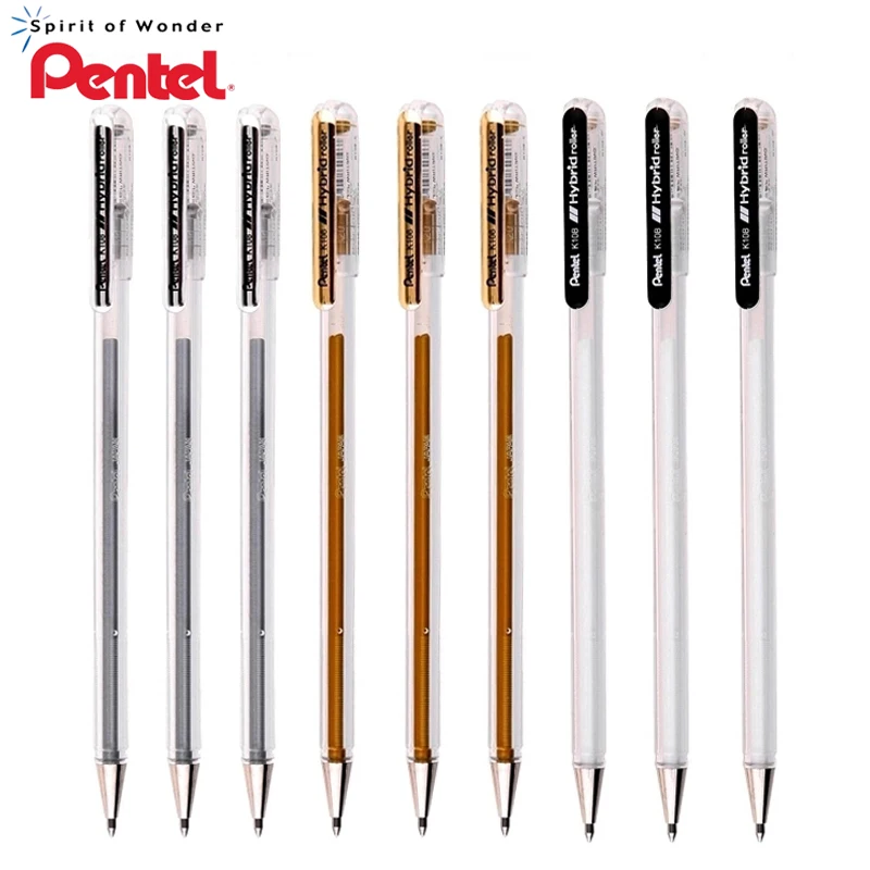 3 Pcs/Lot Pentel K108 0.8 mm Metallic Gel Ink Pen Gold White High gloss Signature pen|gel ink pen|signature pengel pens metallic |