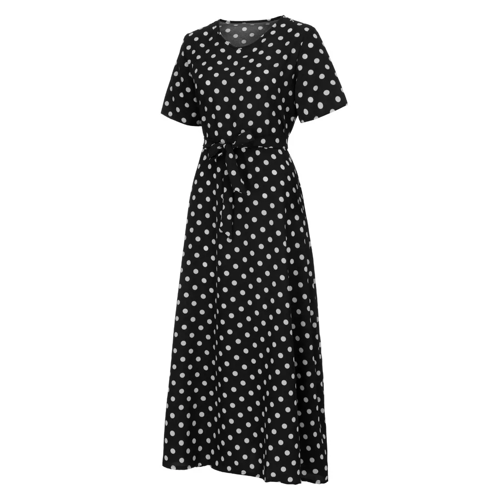 

2021 European and American French Casual Fashion Women O-Neck Short Sleeve Beach Polka Dot Bandage Long Maxi Dress francais
