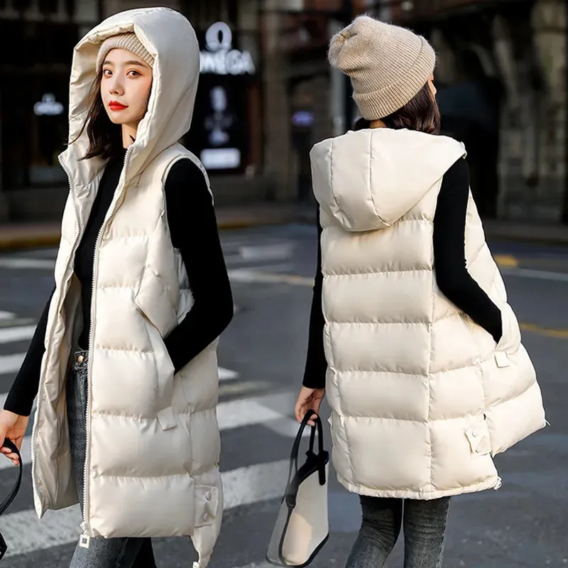 2022 New Women's Vest Jacket Down Cotton Vest Autumn Winter Jacket Hooded Long Coat Sleeveless Loose Female Waistcoat Snow W