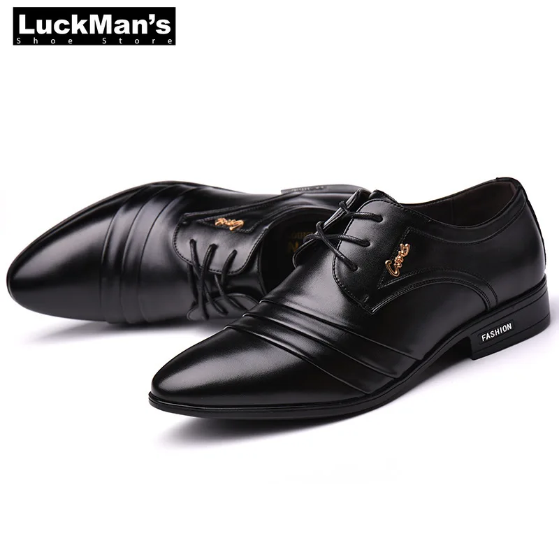 LuckMan Mens Dress Shoes PU Leather Fashion Men Business Loafers Pointy Black Oxford Breathable Formal Wedding | Обувь