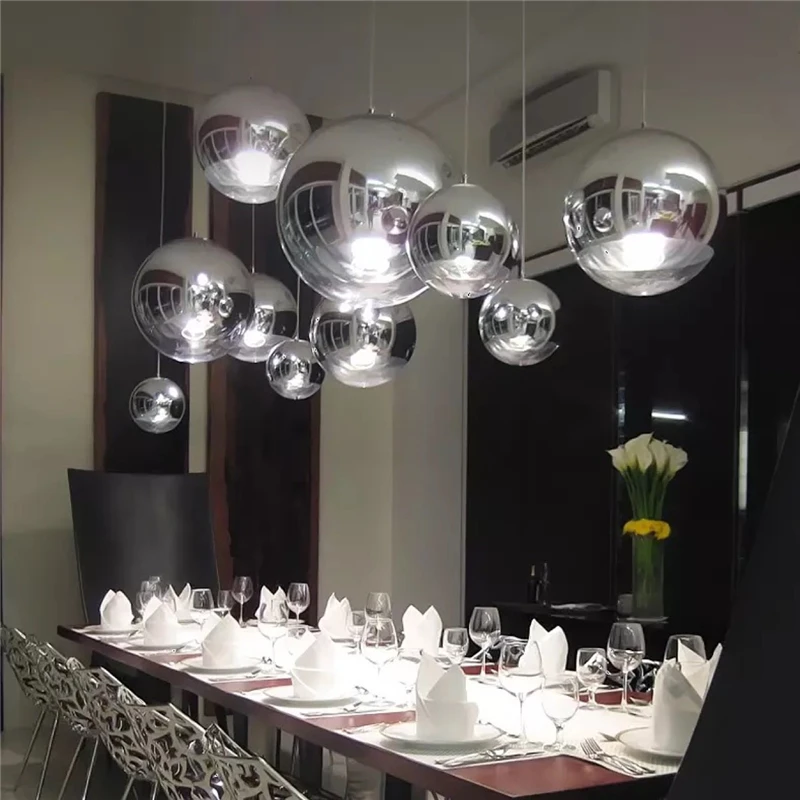 Bola de espejo colgante de cristal para decoración Industrial del hogar, Bola de espacio colgante de plata de Luces colgantes modernas, luz Led Industrial para el hogar