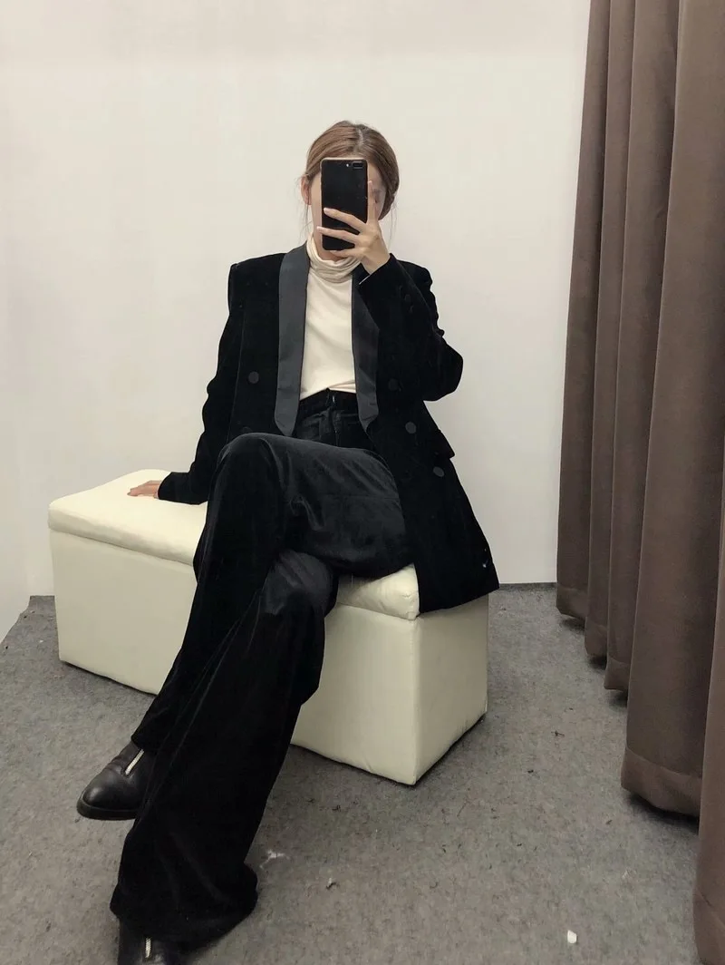 High-end Custom Velvet Black Satin Star Suit Autumn New Black Women Jackets Coat Notched Fashion Clothing Solid Button Full