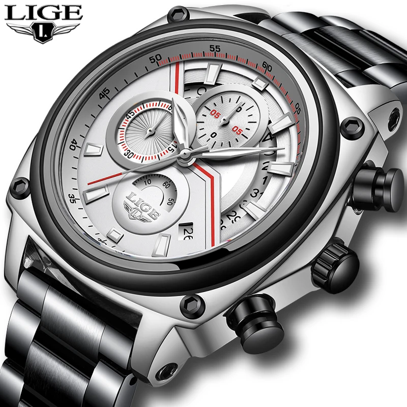 Мужские часы 2020 года новые модные серебристые наручные LIGE мужские спортивные