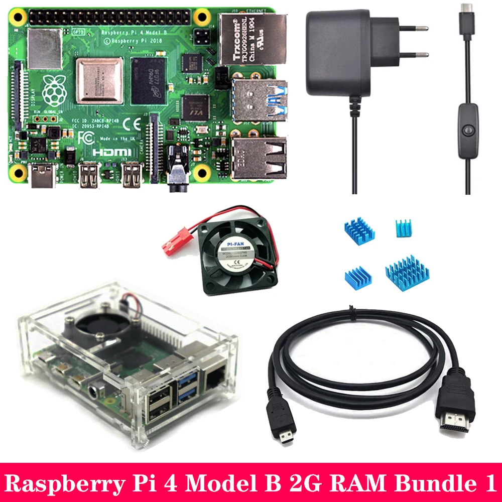 Комплект 1 Raspberry Pi 4, 2 ГБ, 4 Гб ОЗУ, акриловый чехол, адаптер питания, алюминиевый радиатор для Raspberry Pi 4, Модель B, Pi4, 4B - Комплект: Комплект 1