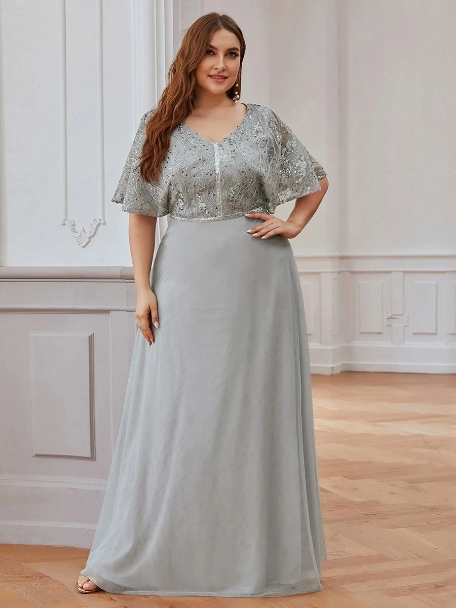 

Elegant V-neck Wholesale Tulle Evening Dresses with Paillette Design