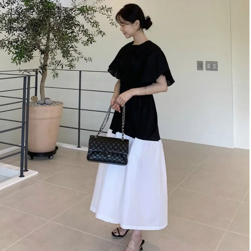 Женское плиссированное платье [EWQ] корейское с круглым вырезом и расклешенными