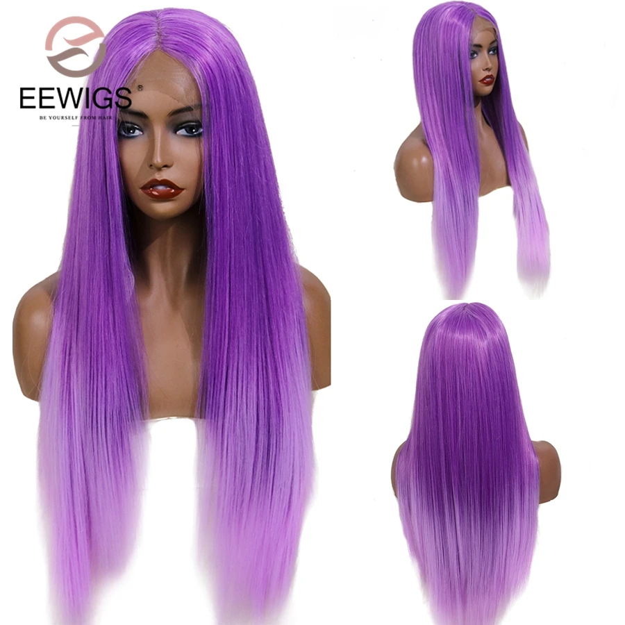 Ombre purple EEWIGS Glueless 13x6 парик фронта шнурка коричневый цвет прямой синтетический парик фронта шнурка блонд Ombre Оранжевый Парики высокая температура волос - Цвет: Ombre purple