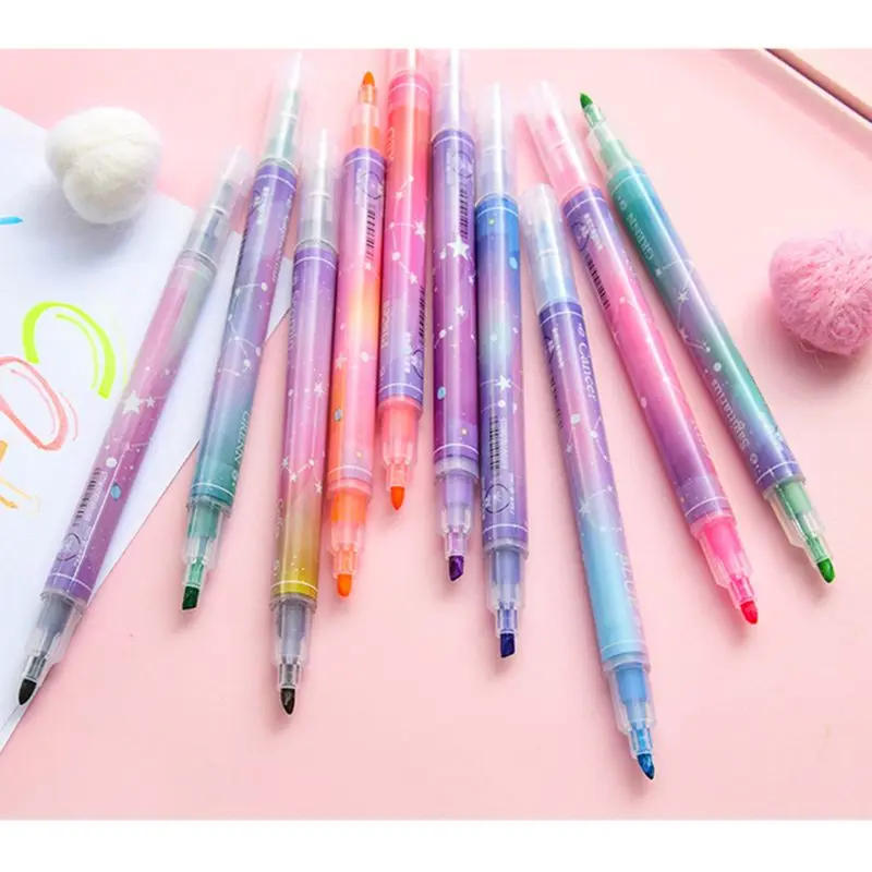 

12pcs Double Headed Highlighter Pens Stationery Kawaii Starry Fluorescent Maker