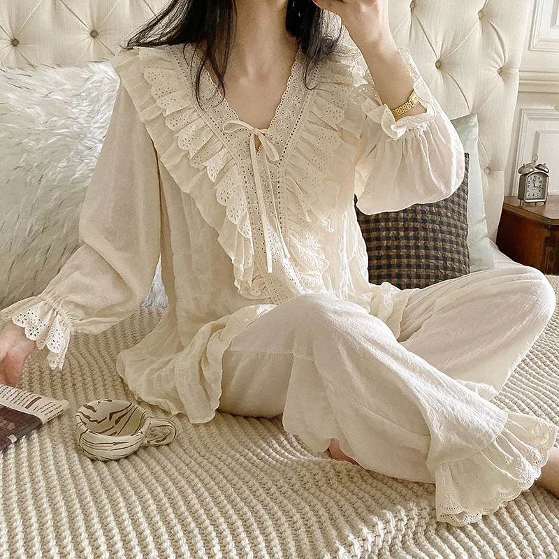 

Пижама женская весенне-осенняя, хлопковая, с длинным рукавом, тонкая, в стиле принцессы, милая сказочная кружевная домашняя одежда